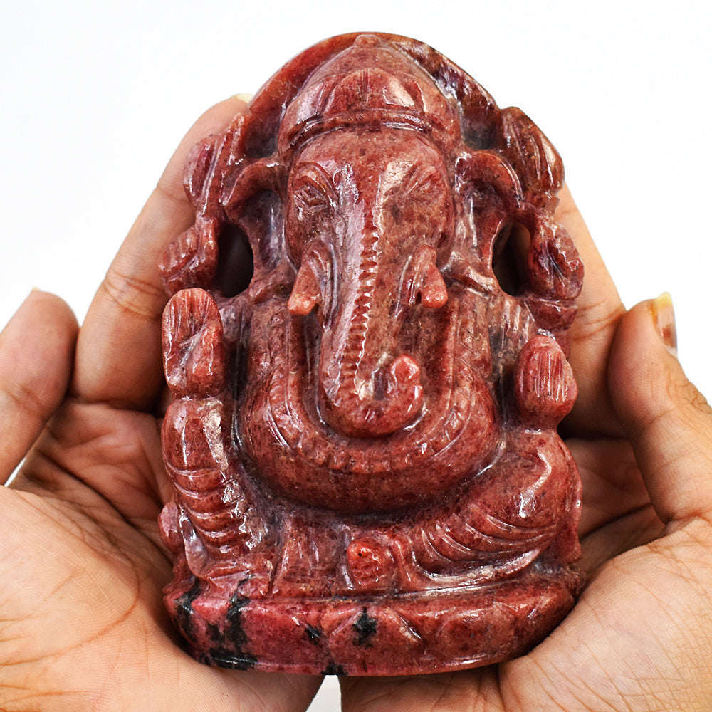 gemsmore:Amazing Rhodonite Hand Carved Genuine Crystal Gemstone Carving Lord Ganesha