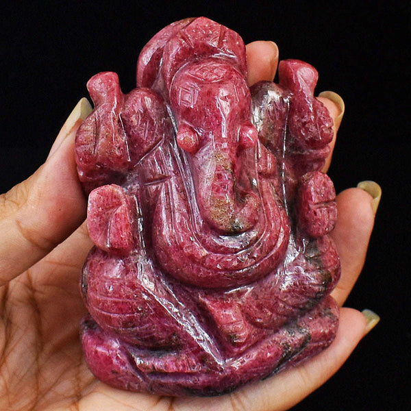 gemsmore:Amazing Rhodonite Hand Carved Genuine Crystal Gemstone Carving Lord Ganesha