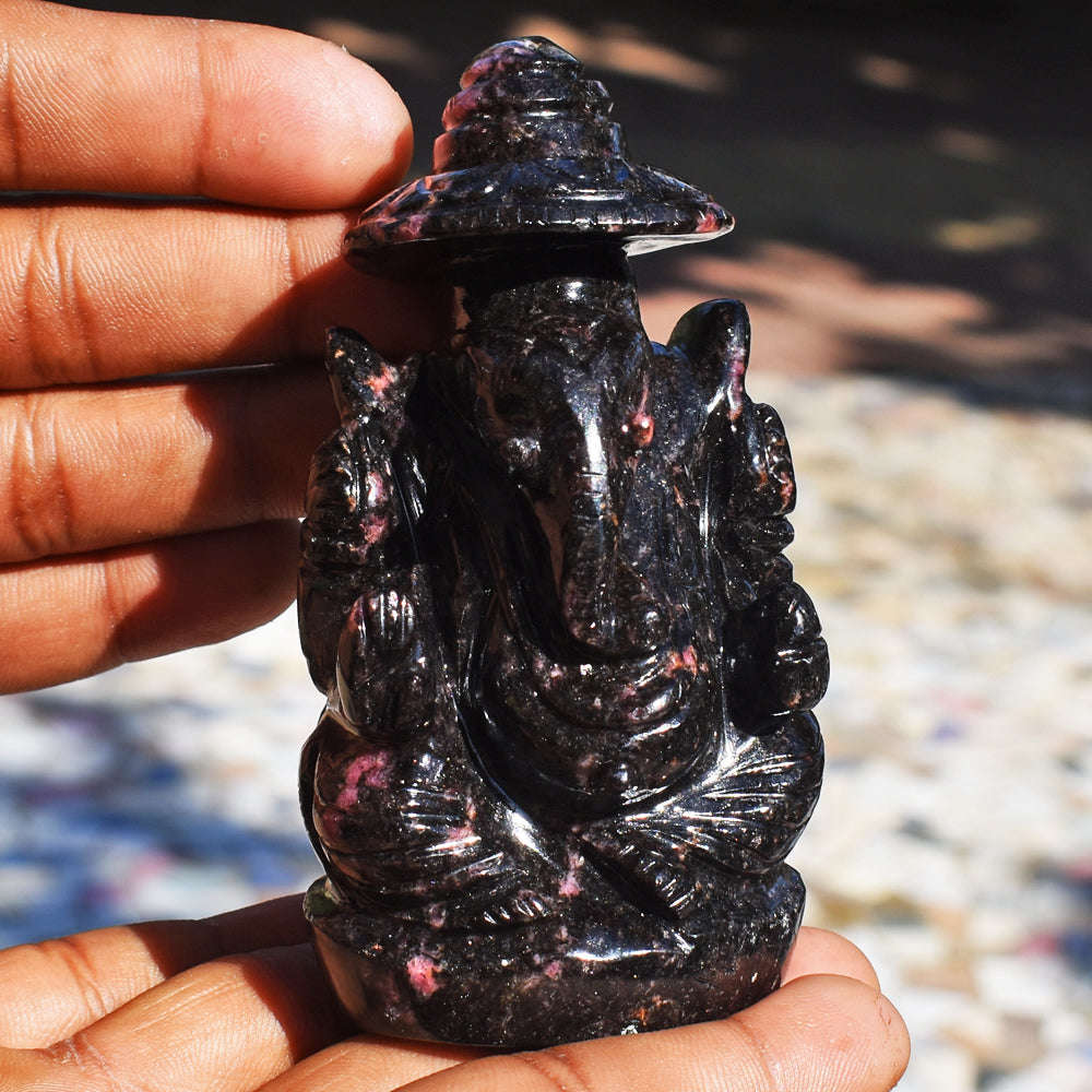 gemsmore:Amazing Rhodonite Hand Carved Genuine Crystal Gemstone Carving Lord Ganesha With Throne