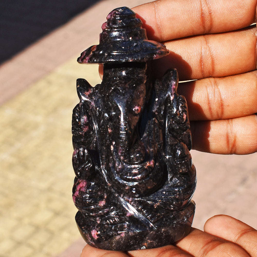 gemsmore:Amazing Rhodonite Hand Carved Genuine Crystal Gemstone Carving Lord Ganesha With Throne