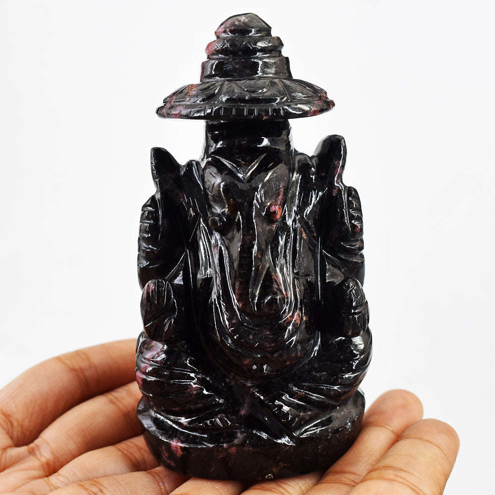 gemsmore:Amazing Rhodonite Hand Carved Genuine Crystal Gemstone Carving Lord Ganesha With Throne