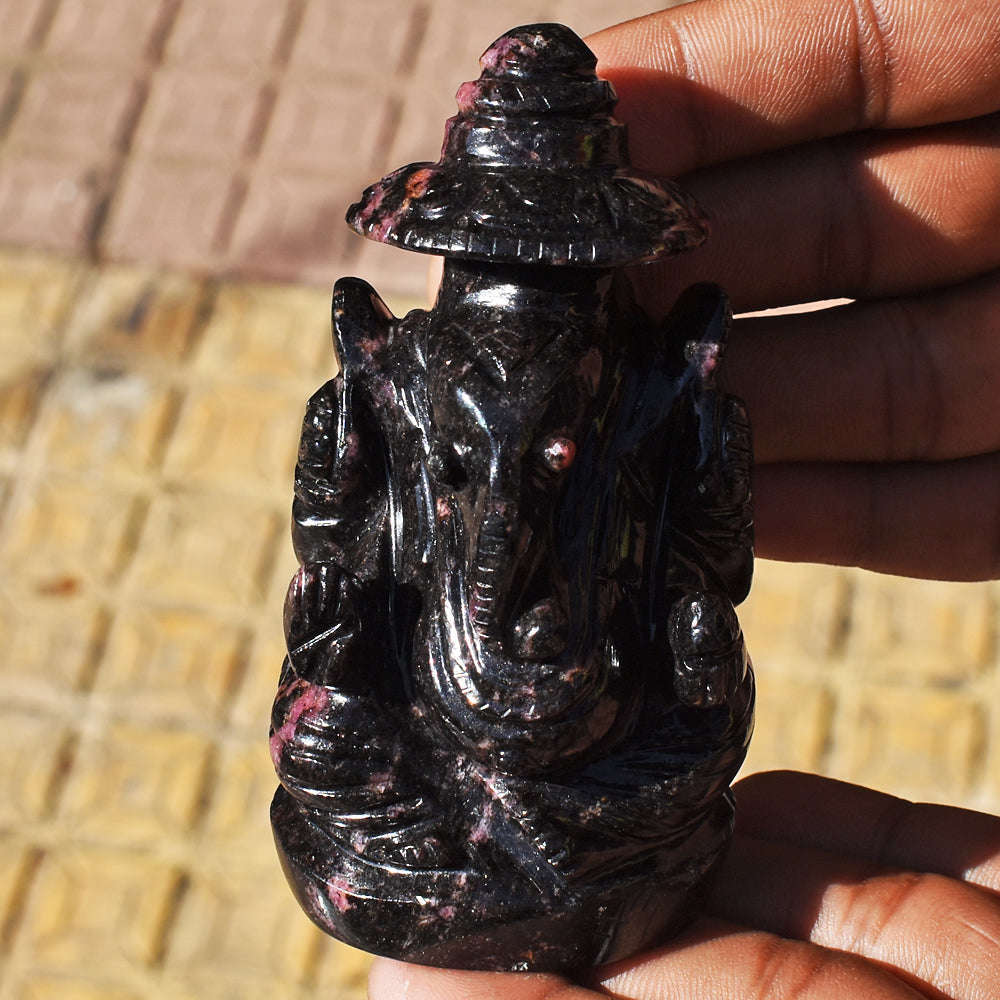 gemsmore:Amazing Rhodonite Hand Carved Genuine Crystal Gemstone Carving Lord Ganesha With Throne