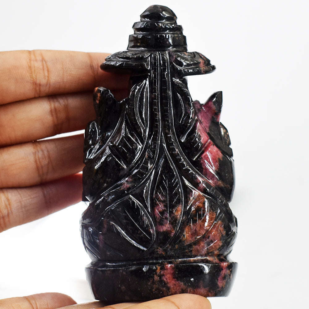 gemsmore:Amazing Rhodonite Hand Carved Genuine Crystal Gemstone Carving Lord Ganesha With Throne