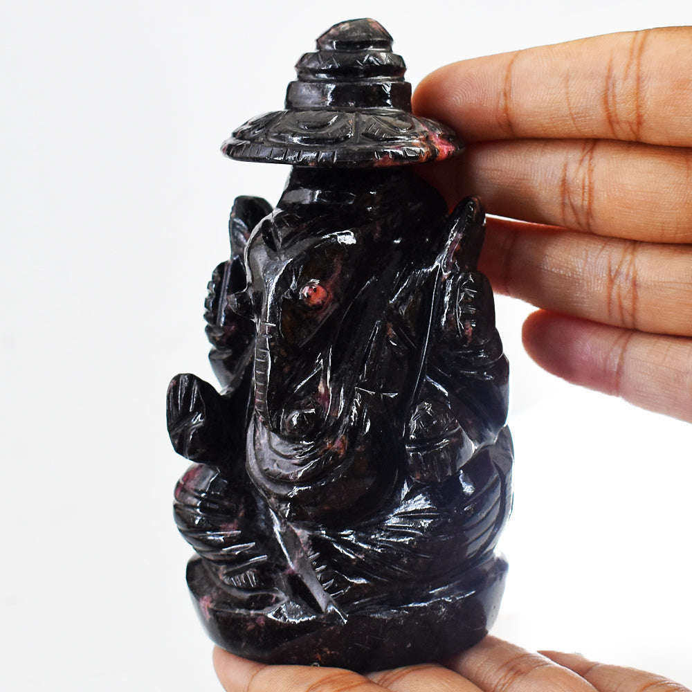 gemsmore:Amazing Rhodonite Hand Carved Genuine Crystal Gemstone Carving Lord Ganesha With Throne