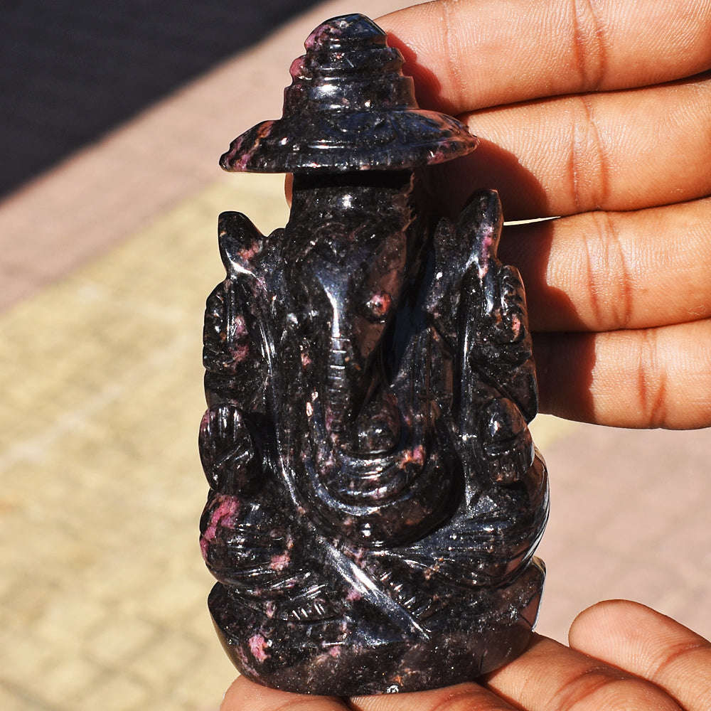 gemsmore:Amazing Rhodonite Hand Carved Genuine Crystal Gemstone Carving Lord Ganesha With Throne