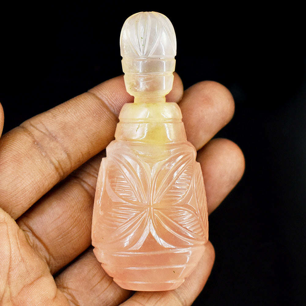 gemsmore:Amazing Rose Quartz Hand Carved Genuine Crystal Gemstone Carving Perfume Bottle