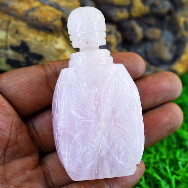 gemsmore:Amazing Rose Quartz Hand Carved Genuine Crystal Gemstone Carving Perfume Bottle