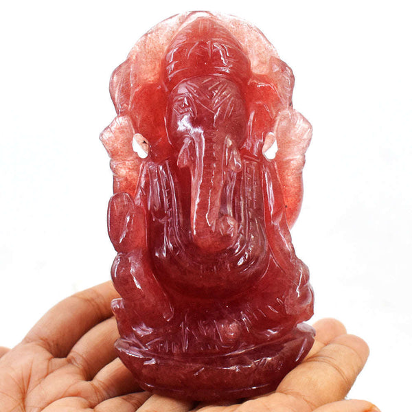 gemsmore:Amazing  Strawberry Quartz  Hand Carved Idol Lord Ganesha