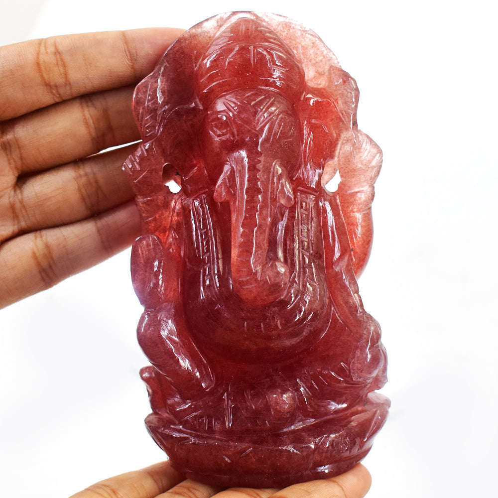 gemsmore:Amazing  Strawberry Quartz  Hand Carved Idol Lord Ganesha