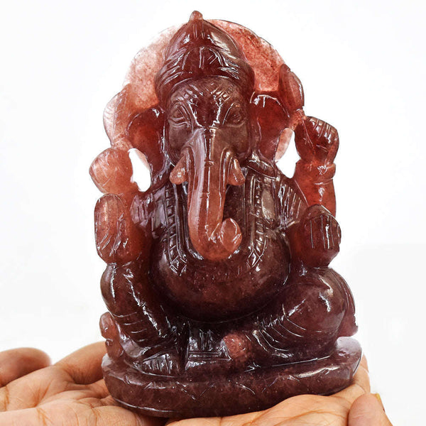 gemsmore:Amazing Strawberry Quartz  Hand Carved Idol Lord Ganesha