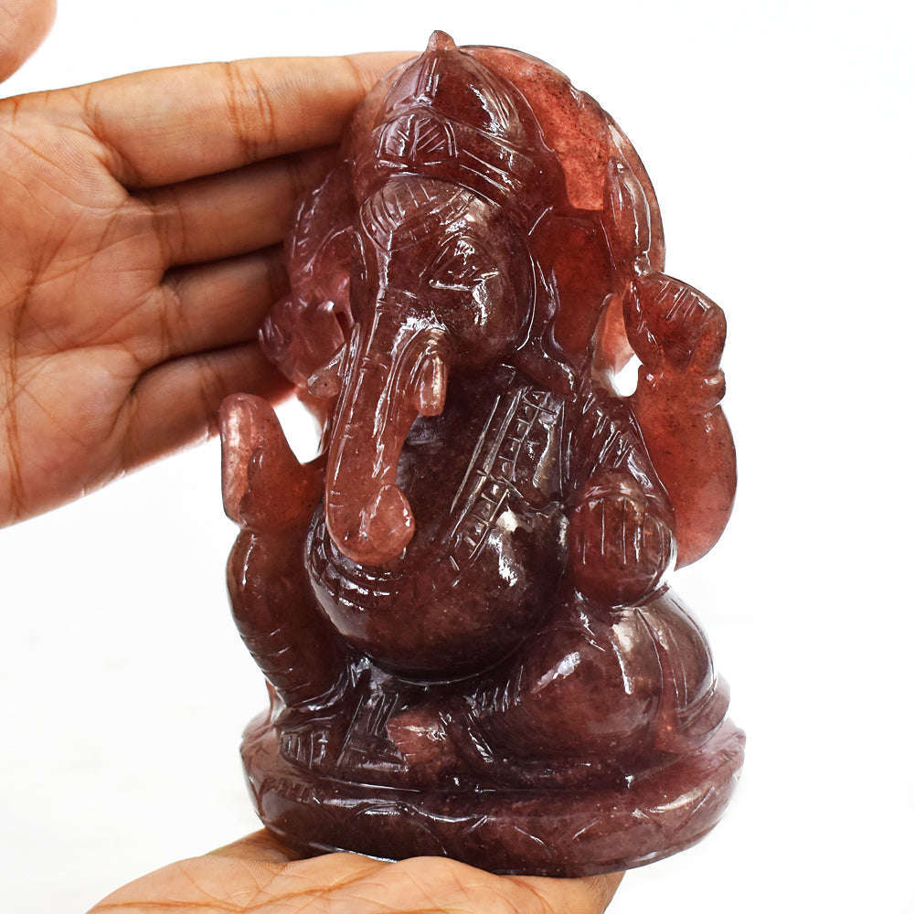gemsmore:Amazing Strawberry Quartz  Hand Carved Idol Lord Ganesha