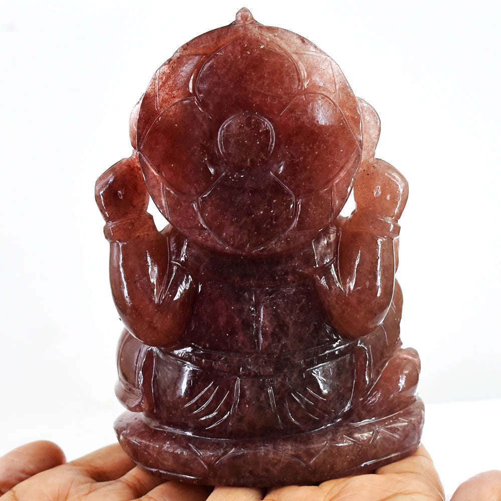 gemsmore:Amazing Strawberry Quartz  Hand Carved Idol Lord Ganesha
