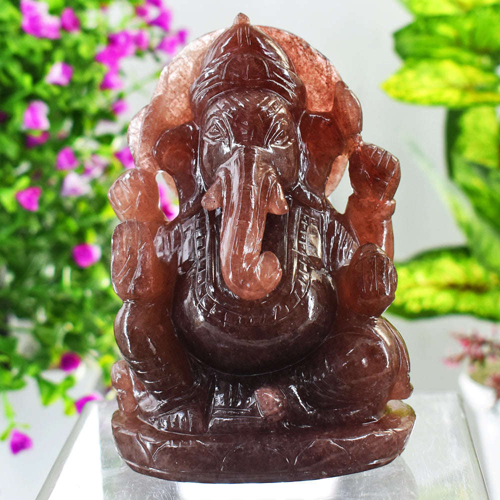 gemsmore:Amazing Strawberry Quartz  Hand Carved Idol Lord Ganesha