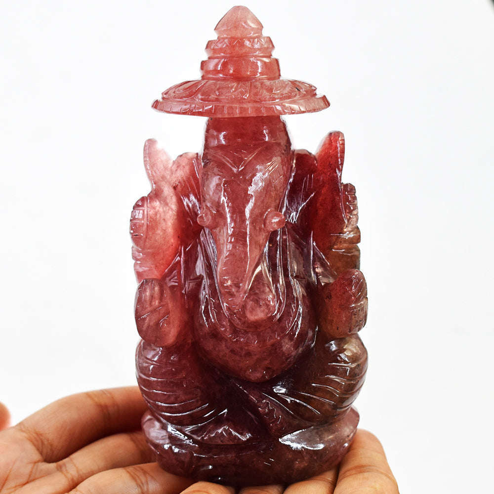 gemsmore:Amazing Strawberry Quartz  Hand Carved Idol Lord Ganesha With Throne