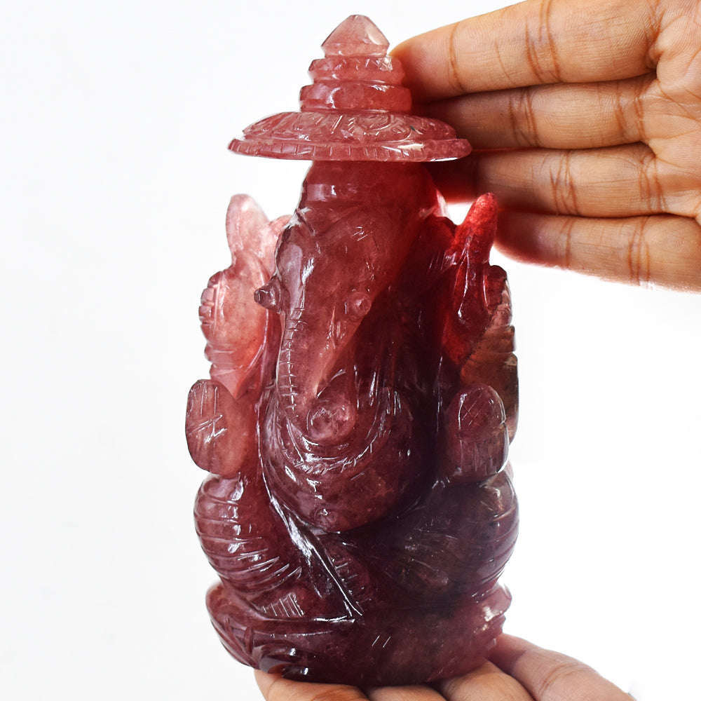 gemsmore:Amazing Strawberry Quartz  Hand Carved Idol Lord Ganesha With Throne