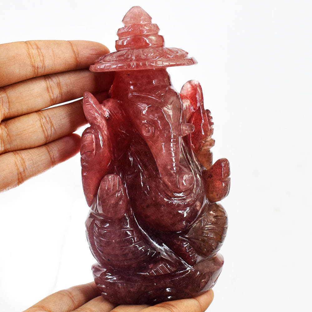 gemsmore:Amazing Strawberry Quartz  Hand Carved Idol Lord Ganesha With Throne