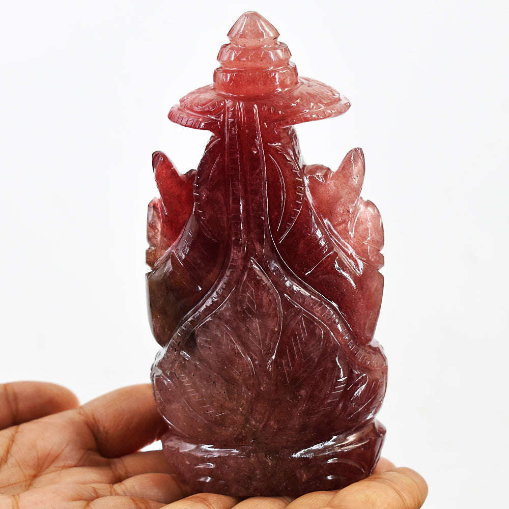 gemsmore:Amazing Strawberry Quartz  Hand Carved Idol Lord Ganesha With Throne