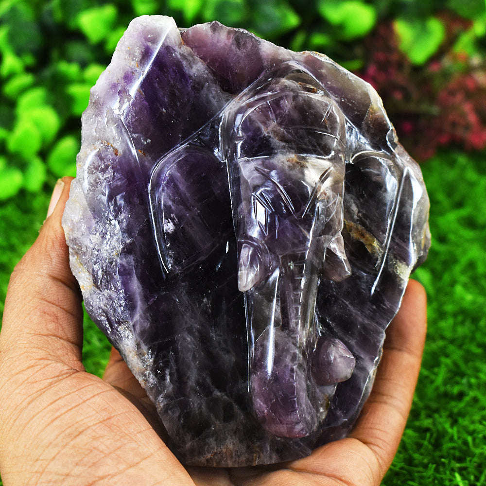 gemsmore:Amazing Super Seven Amethyst  Hand Carved Genuine Crystal Gemstone Carving Lord Ganesha