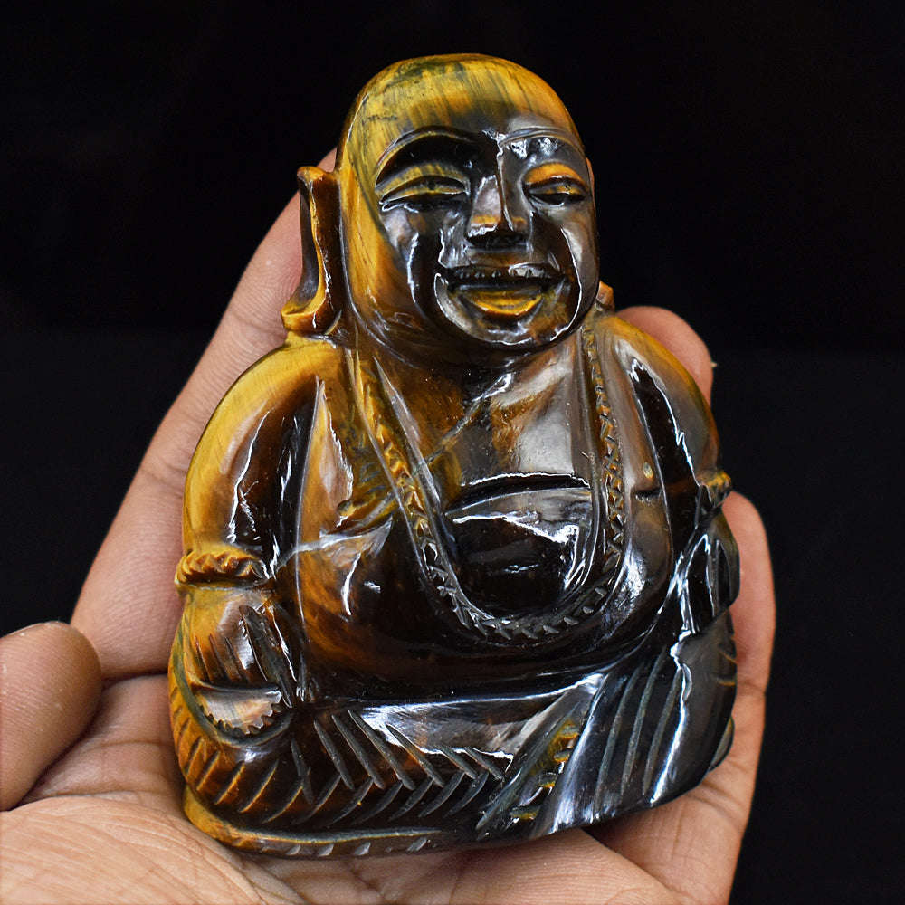 gemsmore:Amazing  Tiger Eye Hand Carved Genuine Crystal Gemstone Carving Laughing Buddha