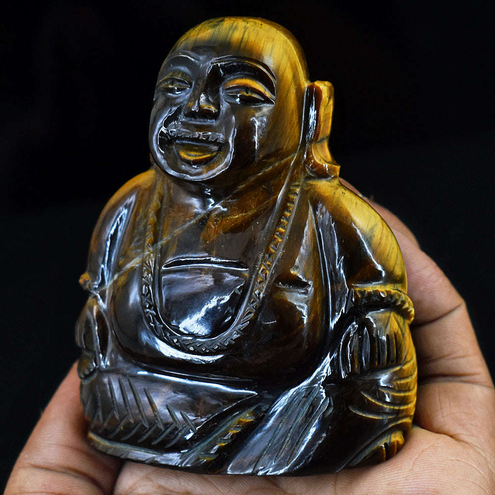 gemsmore:Amazing  Tiger Eye Hand Carved Genuine Crystal Gemstone Carving Laughing Buddha