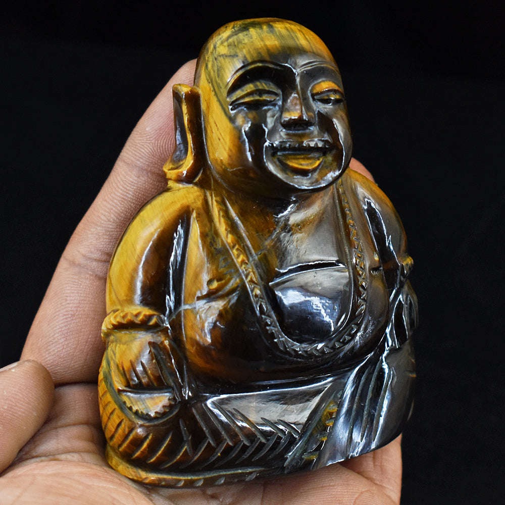 gemsmore:Amazing  Tiger Eye Hand Carved Genuine Crystal Gemstone Carving Laughing Buddha