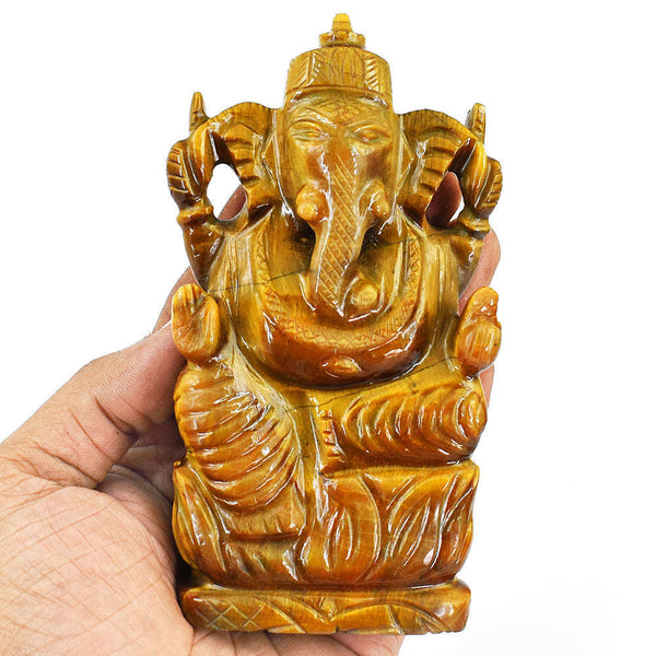 gemsmore:Amazing Tiger Eye Hand Carved Genuine Crystal Gemstone Carving Lord Ganesha