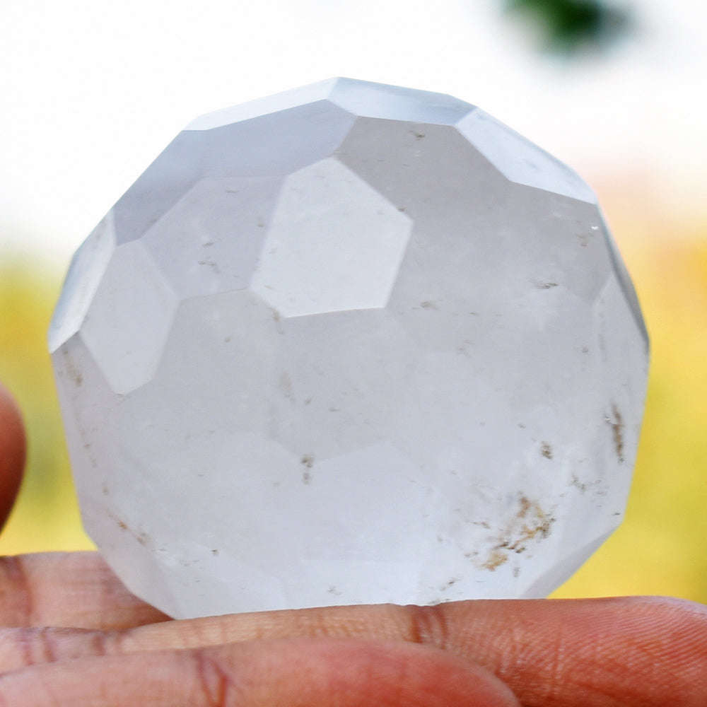 gemsmore:Amazing White Quartz Faceted  Hand Carved Healing Crystal  Sphere
