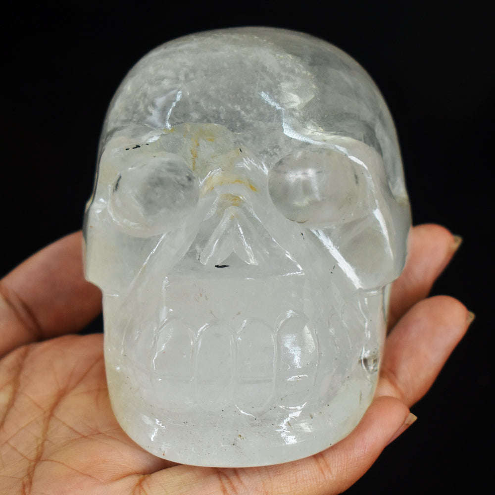 gemsmore:Amazing  White Quartz Hand Carved Genuine Crystal Gemstone Carving Skull