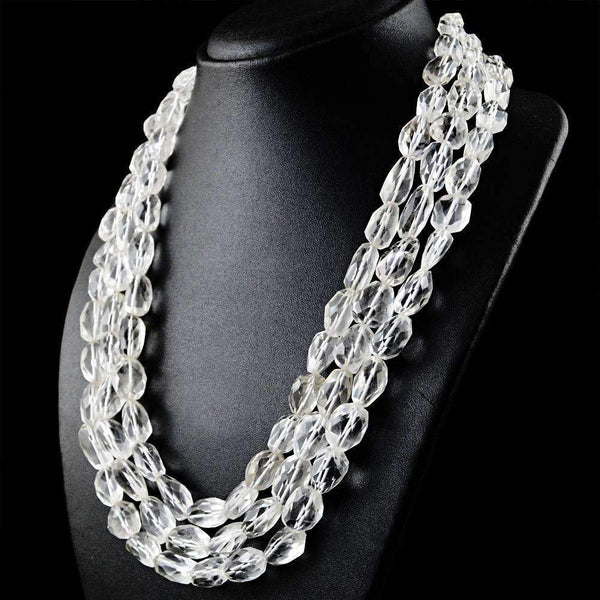 gemsmore:Amazing White Quartz Necklace Natural 3 Strand Faceted Untreated Beads