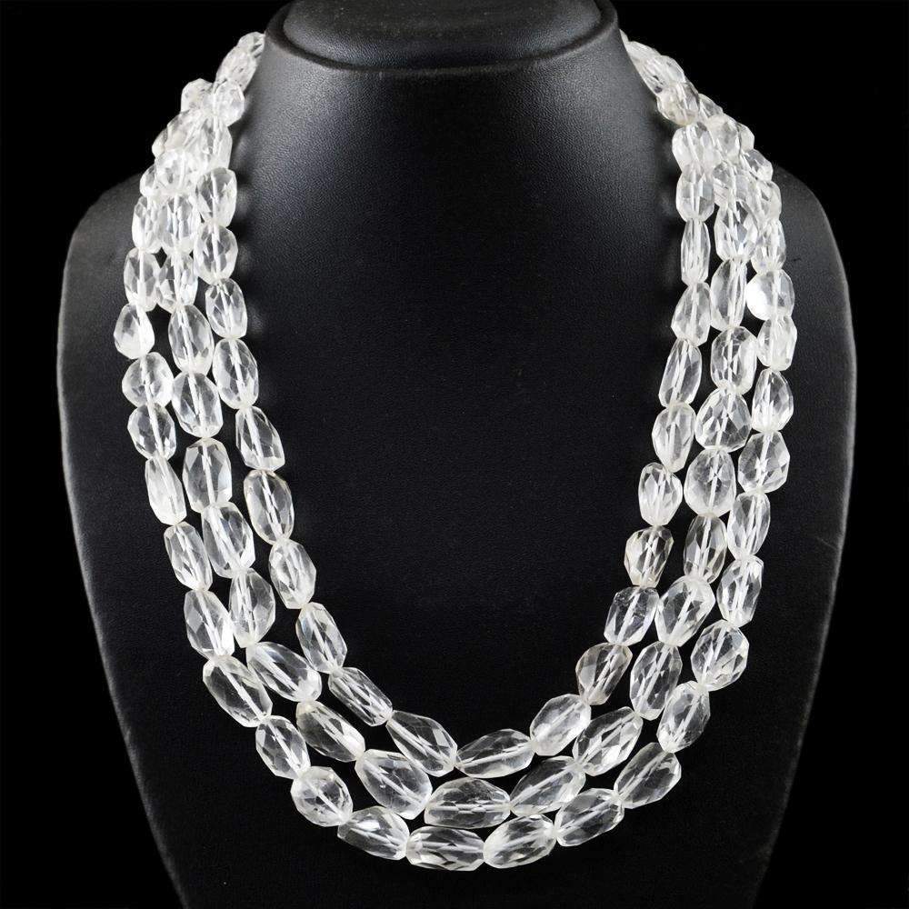 gemsmore:Amazing White Quartz Necklace Natural 3 Strand Faceted Untreated Beads