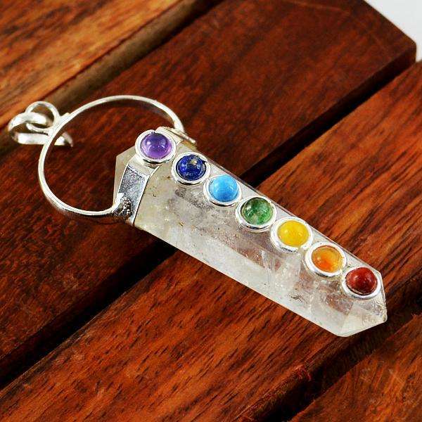 gemsmore:Amazing White Quartz Seven Chakra Healing Point Pendant.