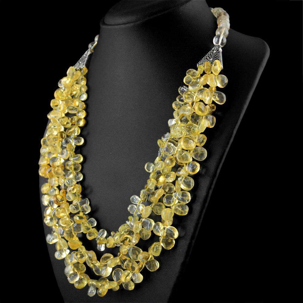 gemsmore:Amazing Yellow Citrine & Rutile Quartz Necklace Natural 3 Strand Pear Shape