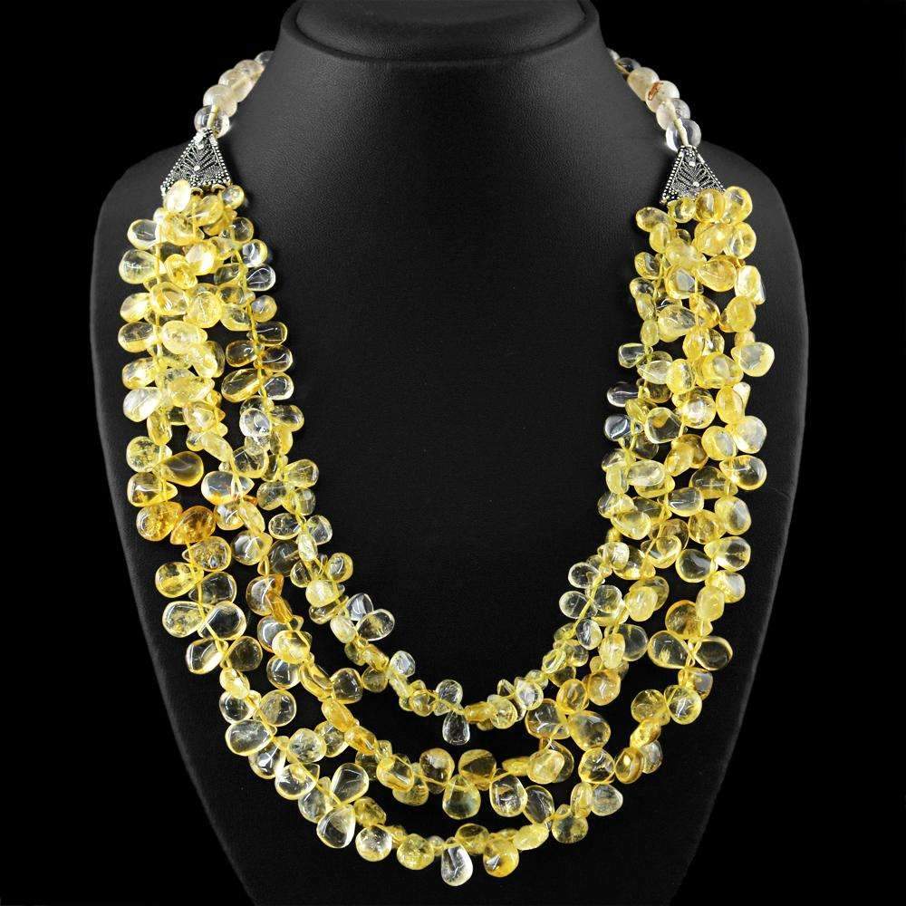 gemsmore:Amazing Yellow Citrine & Rutile Quartz Necklace Natural 3 Strand Pear Shape