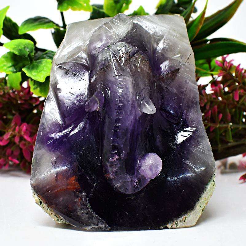 gemsmore:Amethyst Chiastolite Carved Lord Ganesha Engraved Rock