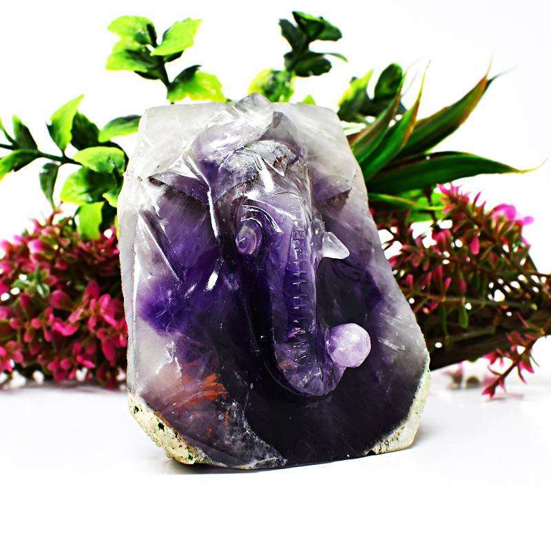 gemsmore:Amethyst Chiastolite Carved Lord Ganesha Engraved Rock