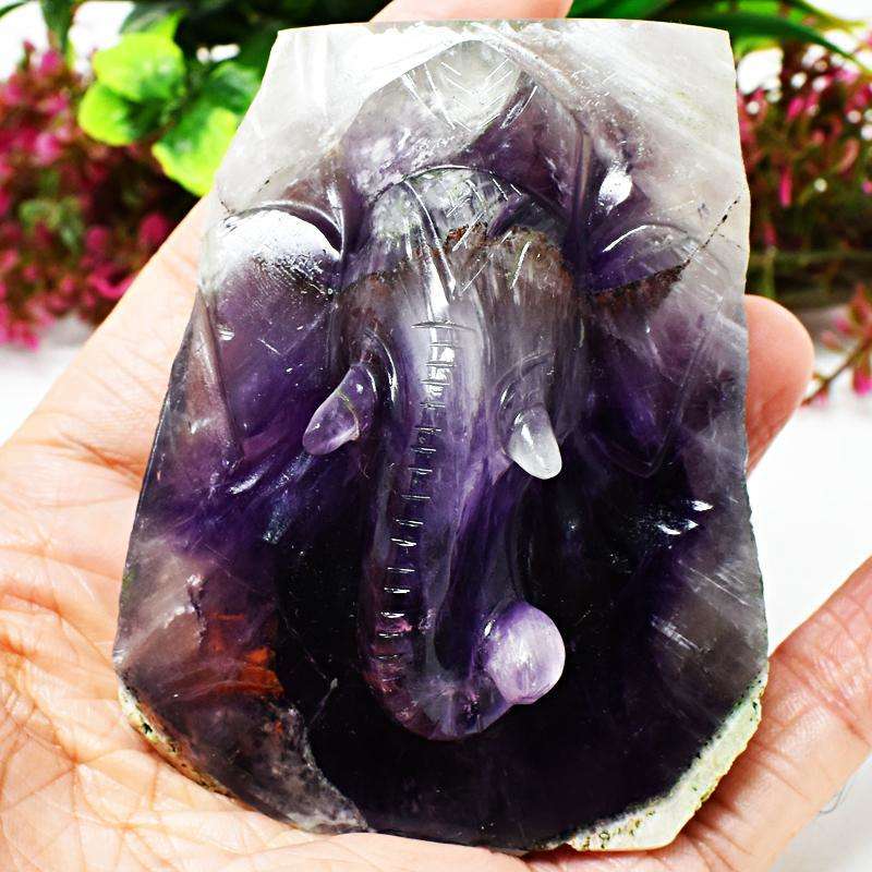 gemsmore:Amethyst Chiastolite Carved Lord Ganesha Engraved Rock