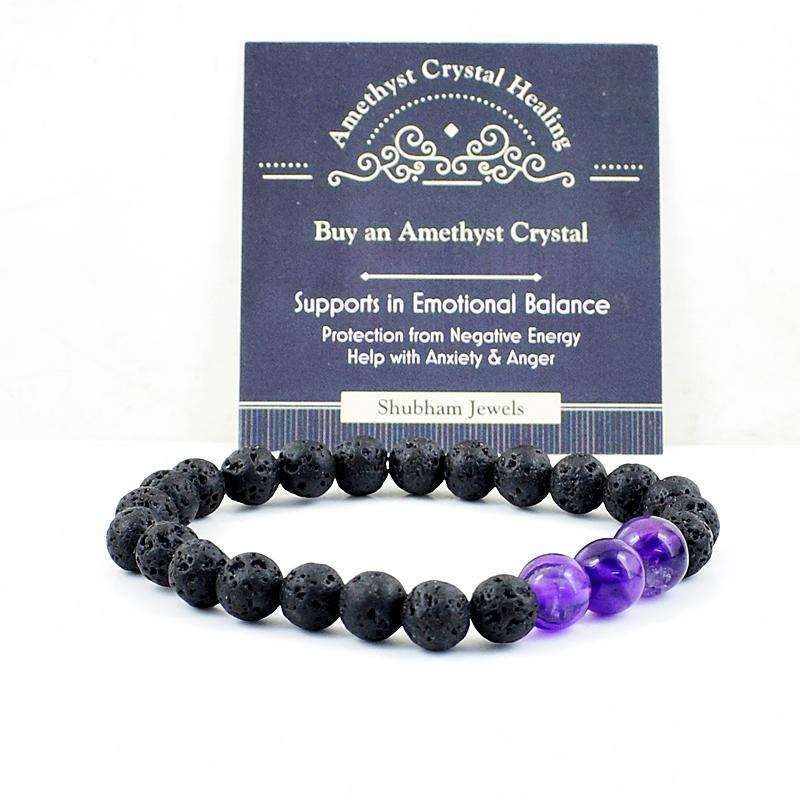 gemsmore:Amethyst & Lava Beads Gemstone Bracelets Pair - Free Size