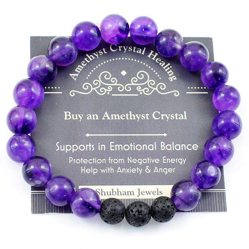 gemsmore:Amethyst & Lava Beads Gemstone Bracelets Pair - Free Size