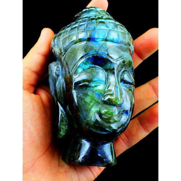 gemsmore:Amzing Blue Labradorite Gemstone Carved Lord Buddha Head Idol