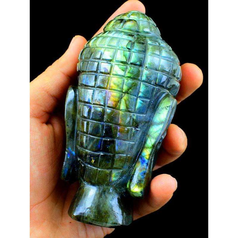 gemsmore:Amzing Blue Labradorite Gemstone Carved Lord Buddha Head Idol