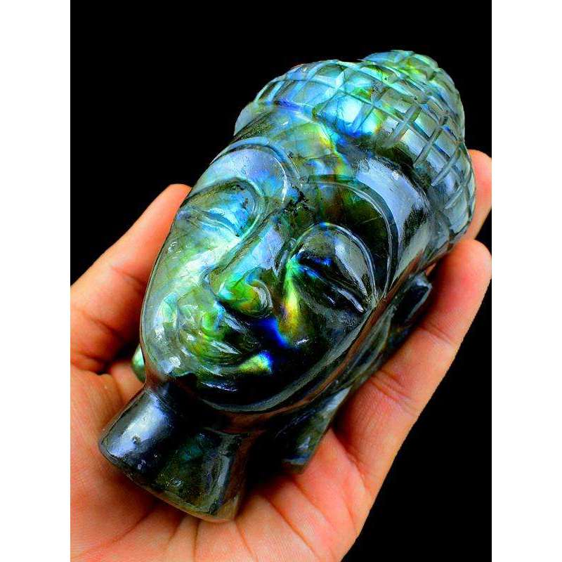 gemsmore:Amzing Blue Labradorite Gemstone Carved Lord Buddha Head Idol