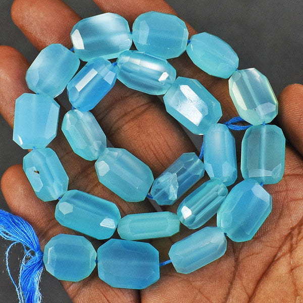 gemsmore:Artisian 259 Carats 14 Inches Genuine Blue Chalcedony Beads Strand