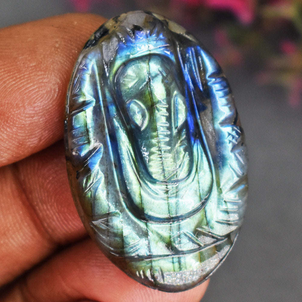 gemsmore:Artisian 34 Cts Genuine Green & Blue Flash Labradorite Carved Ganesha Gem