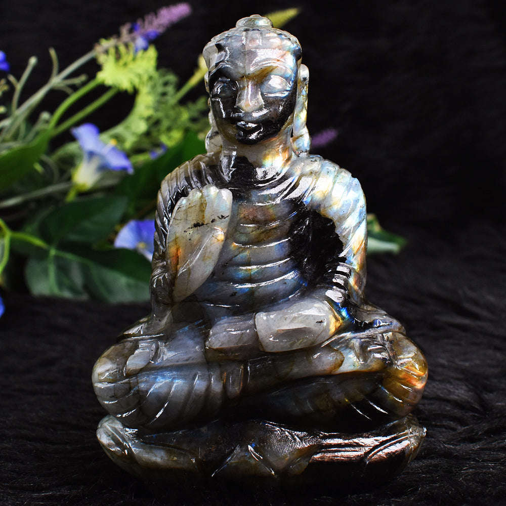 gemsmore:Artisian Amazing Flash Labradorite Hand Carved Crystal Lord Buddha