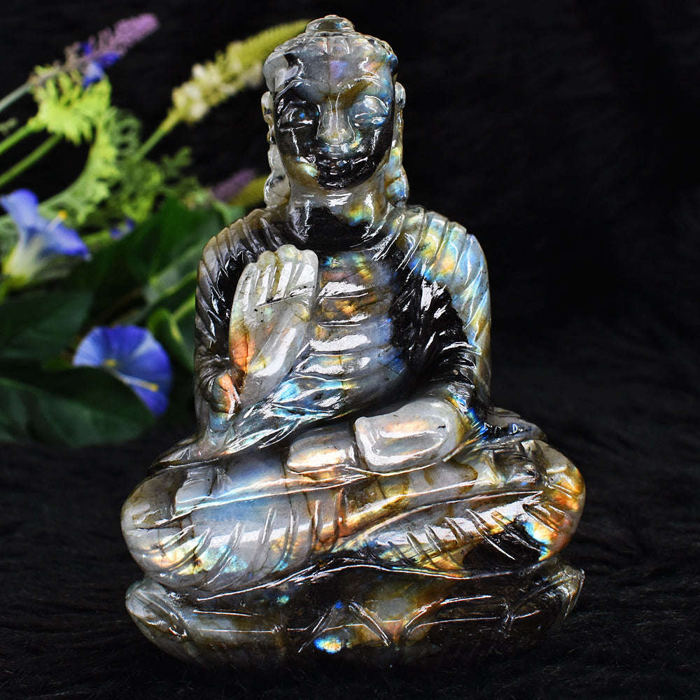 gemsmore:Artisian Amazing Flash Labradorite Hand Carved Crystal Lord Buddha