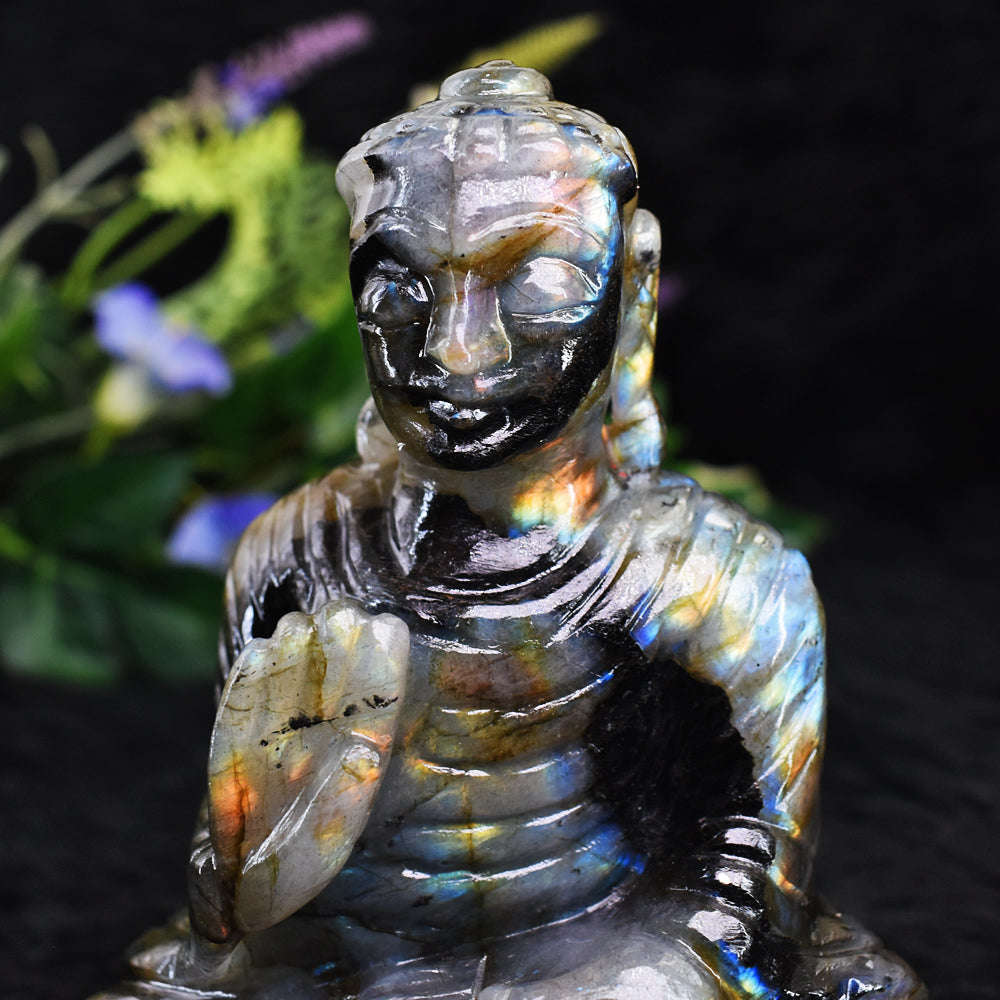 gemsmore:Artisian Amazing Flash Labradorite Hand Carved Crystal Lord Buddha