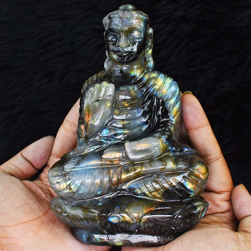 gemsmore:Artisian Amazing Flash Labradorite Hand Carved Crystal Lord Buddha