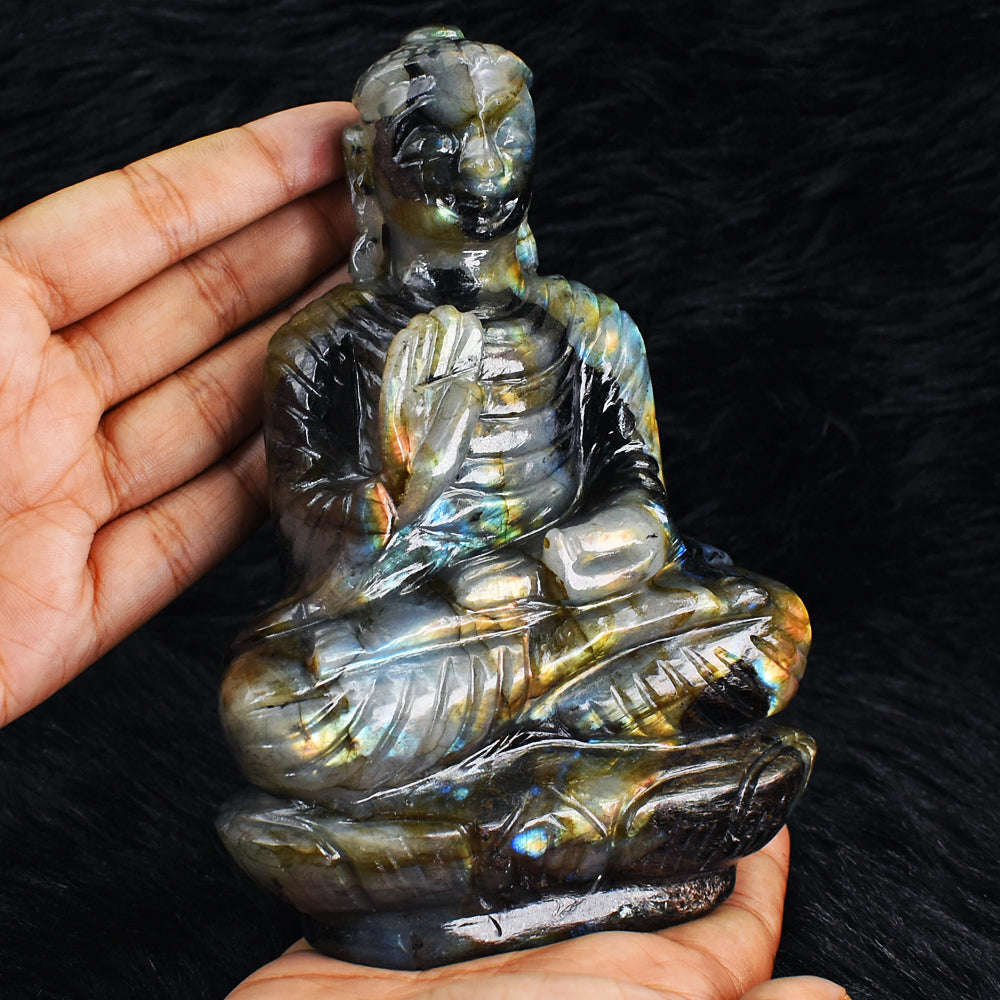 gemsmore:Artisian Amazing Flash Labradorite Hand Carved Crystal Lord Buddha