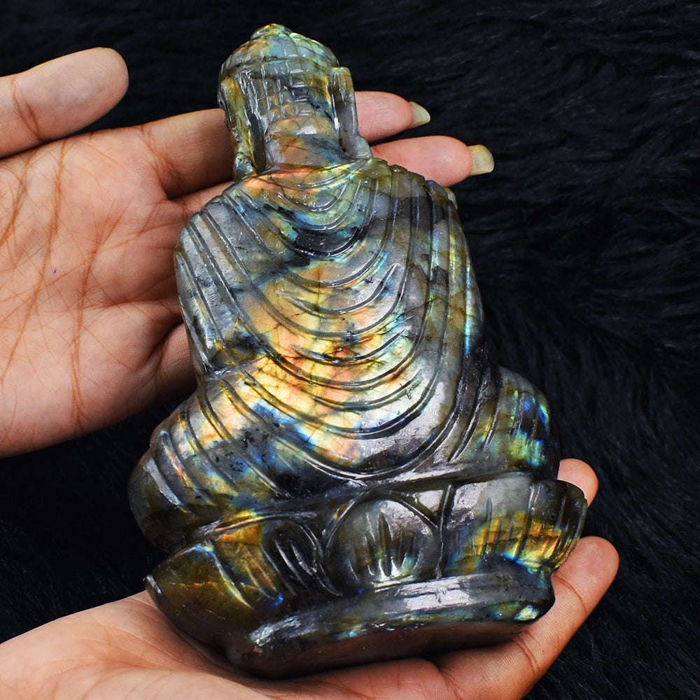 gemsmore:Artisian Amazing Flash Labradorite Hand Carved Crystal Lord Buddha