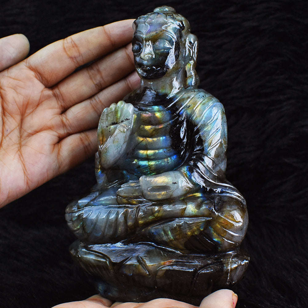 gemsmore:Artisian Amazing Flash Labradorite Hand Carved Crystal Lord Buddha